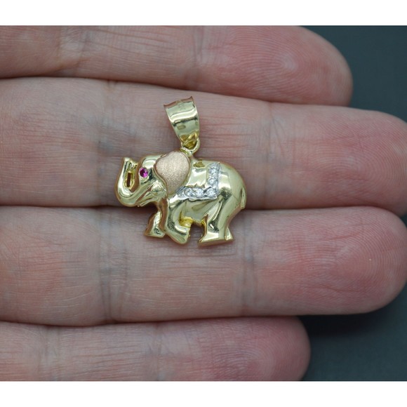 Real 10K Solid Tri-Color Gold Shiny Pink Eyes Elephant CZ Charm Pendant 2.7grams - Picture 2 of 8